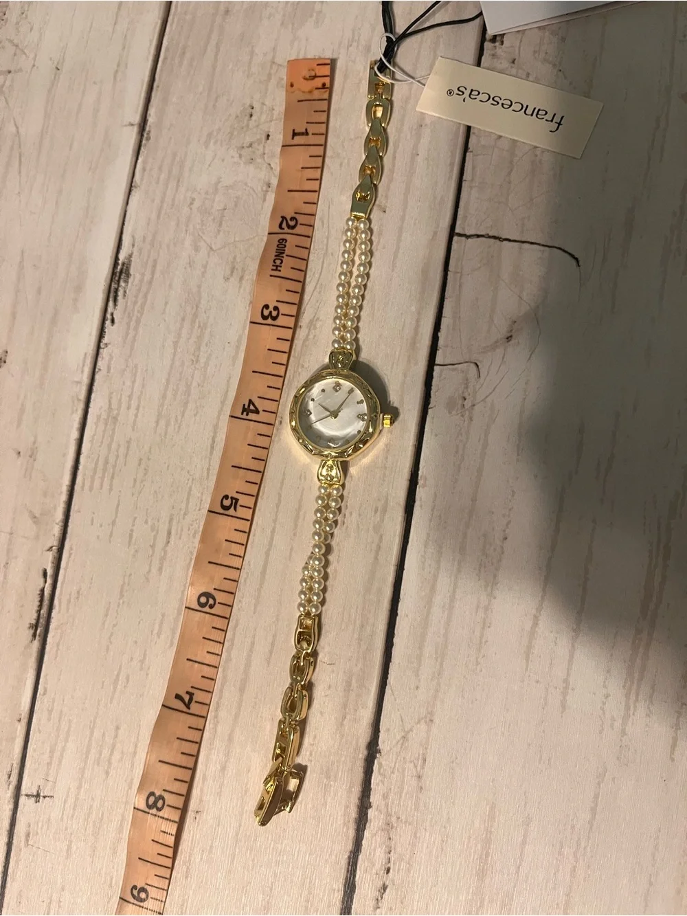 Francesca's Collections Gold and White Pearl Accent Bracelet Watch